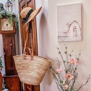 Straw bag Handmade French Basket Moroccan Basket french market basket, Beach Bag - Natural Basket long Flat Leather Handle, Moroccan bag