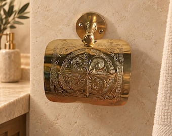 Handcrafted Engraved Brass Toilet Paper Holder – Moroccan Wall-Mounted Bathroom Tissue Roll Holder with Decorative Cover
