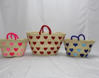 Hearts French Market Basket - Straw Bag - Bag with Hearts , Customized Basket gift for him valentines day