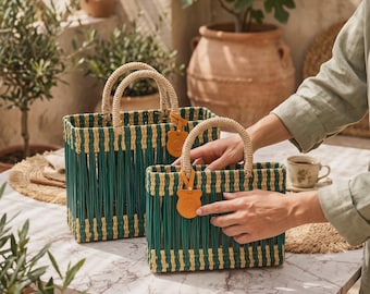Handwoven Turquoise Market Basket Bag with Natural Raffia Handles | Boho Woven Tote | Handmade Moroccan Basket Bag | Beach & Summer Bag