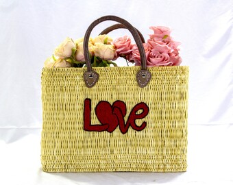 Love Wicker Bucket Basket With Leather Handles For Women, Red Love, Mom Stuff rectangular Tote Bag, Mom Beach Bag, Mother's Day Gift Idea