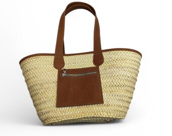 Straw Tote Bag for Woman large Leather Tote for Work, Shopper Bags Shoulder Bag Brown Handmade ,Handbag Gift for Her,Mom Girlfriend Birthday