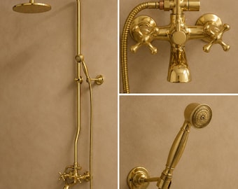 Handcrafted Unlacquered Brass Exposed Shower System with Rainfall Head, Hand Shower & Tub Filler