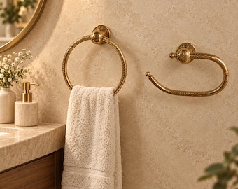Handcrafted Moroccan Engraved Brass Towel Ring & Toilet Paper Holder Set – Wall-Mounted Bathroom Accessories