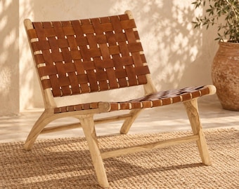 Handcrafted Moroccan Woven Leather Lounge Chair with Natural Wooden Frame – Rustic Boho Accent Chair
