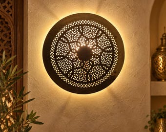 Handcrafted Moroccan Round Brass Wall Light – Decorative Pierced Wall Sconce