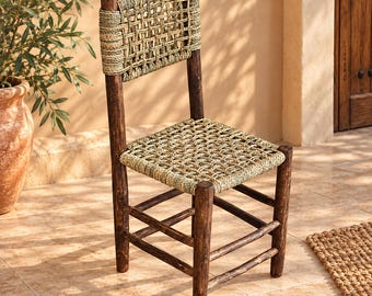 Handcrafted Dark Wood Dining Chair with Woven Seagrass Seat & Backrest – Rustic Moroccan Boho Chair