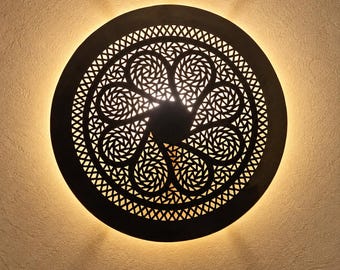 Handcrafted Moroccan Round Brass Wall Light – Pierced Metal Sconce with Decorative Shadow Effect