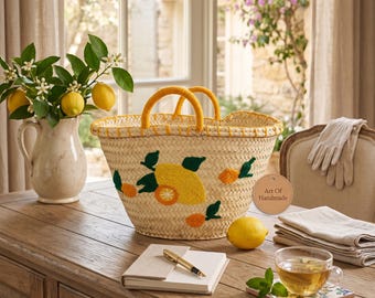 Handwoven Moroccan Palm Leaf Basket with Citrus Embroidery