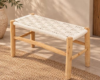 Handcrafted Moroccan Wooden Bench with Black Woven Cord Seat – Rustic Boho Entryway Accent Bench