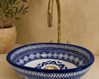 Hand-Painted Moroccan Ceramic Vessel Sink – Blue & White Oval Wash Basin