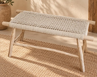 Handcrafted Moroccan Woven Rope Bench with Natural Wooden Frame – Rustic Boho Entryway & Bedroom Seat
