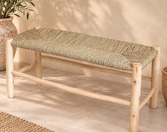 Handcrafted Moroccan Wooden Bench with Natural Woven Reed Seat – Rustic Boho Accent Seating