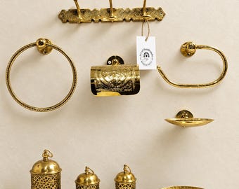 Brass Bathroom Accessories Set, Handmade Engraved Moroccan Soap Dishes, Towel Holders and Hooks