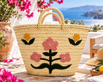 Moroccan Straw Basket, Floral Handwoven Tote, Palm Leaf Market Bag, Embroidered Flower Beach Basket
