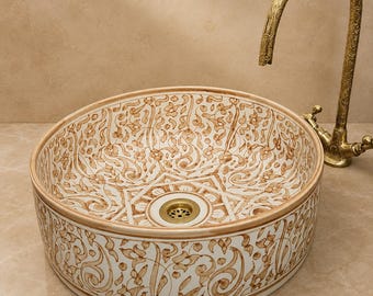 Desert Bloom Ceramic Vessel Sink – Sand Floral Moroccan Basin