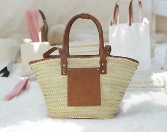 French Straw Basket Tote – Large Beach Bag, Moroccan Handmade Woven Purse, Natural Leather Shoulder Handbag for Women with 2 Strap
