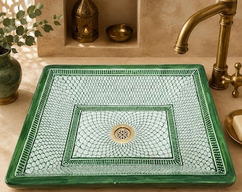 Emerald Scale Rectangular Ceramic Vessel Sink – Moroccan Green Artisan Basin