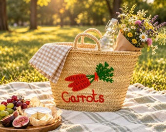 Carrot Market Basket, Moroccan Straw Tote, Handwoven Palm Leaf Bag, Grocery Basket, Farmhouse Market Bag