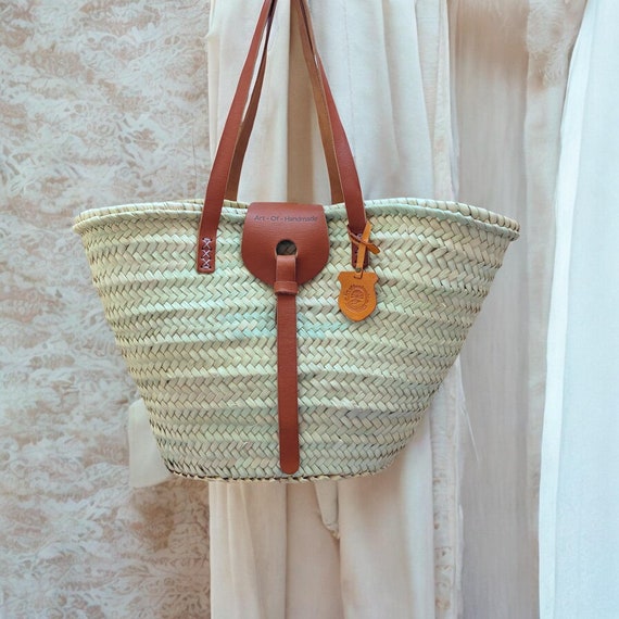 Farmers Market Bag, Straw Bag With Leather Handle,  Elegant Gift Straw Tote Bag, French Basket, Straw Beach Bag, Shopping Basket Bag