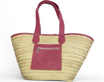 Straw Tote Bag for Woman large Leather Tote for Work, Shopper Bags Shoulder Bag Pink Handmade ,Handbag Gift for Her, Mom Girlfriend Birthday