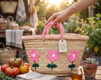 Handwoven Moroccan Palm Leaf Basket with Pink Floral Embroidery