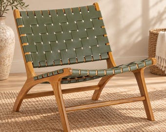 Handcrafted Olive Green Leather Woven Teak Wood Lounge Chair – Mid-Century Boho Accent Seating