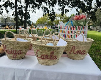 Personalized Embroidered Straw Beach Bag: Moroccan Handwoven Tote, Customized Handmade Basket Gift