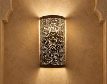 Moroccan Brass Wall Sconce, Handmade Pierced Metal Wall Light, Boho Moroccan Lighting Fixture
