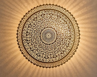 Moroccan Brass Wall Sconce, Large Round Wall Light, Handmade Boho Metal Lamp, Moroccan Wall Decor