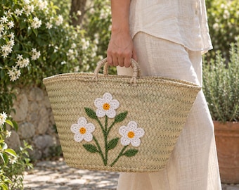 Moroccan Straw Basket, Crochet Flower Market Bag, Handwoven Palm Leaf Tote, Boho Beach & Shopping Basket
