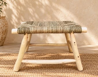 Handcrafted Moroccan Wooden Bench with Natural Woven Seagrass Seat – Rustic Boho Entryway Accent Bench