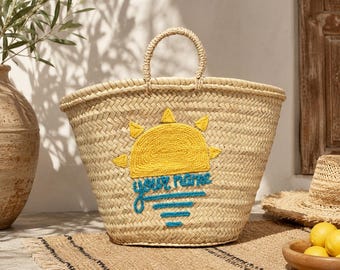 Handwoven Moroccan Palm Leaf Beach Basket with Sun Embroidery