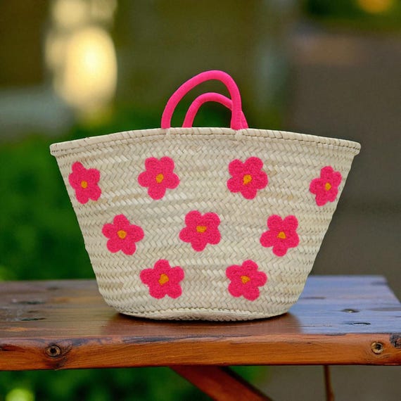 Handwoven Moroccan Straw Tote Bag – Large Beach Basket with Leather Handles | Boho Summer Handbag | Market Shopping Purse| Eco Friendly Gift
