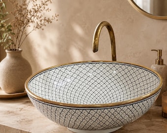 Atlas Pearl Ceramic Vessel Sink – Black Lattice Design with Brass Rim