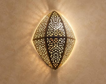 Handcrafted Moroccan Brass Wall Sconce – Pierced Metal Wall Light with Ornate Cutout Design