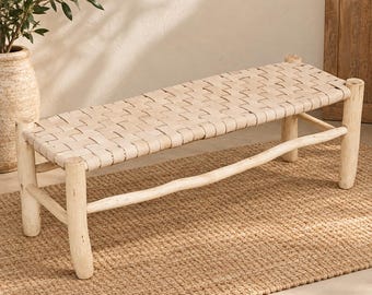 Handcrafted Moroccan Wooden Bench with Cognac Brown Woven Leather Seat – Rustic Boho Entryway Seating