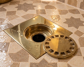 Solid Brass Square Floor Drain with Removable Cover | Unlacquered Shower Drain | Bathroom Drain Fixture