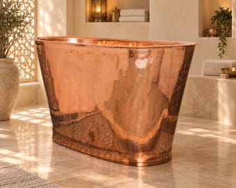 Handcrafted Hammered Copper Freestanding Soaking Bathtub – Luxury Oval Spa Tub with Deep Interior