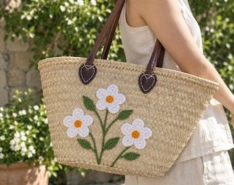 Moroccan Straw Basket, Handwoven Palm Leaf Tote, Crochet Flower Bag, Leather Handle Market & Beach Basket
