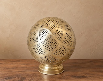 Handcrafted Moroccan Brass Table Lamp – Pierced Metal Globe Light with Warm Decorative Shadow Patterns