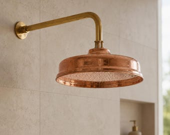 Handcrafted Copper Rain Shower Head with Solid Brass Wall Arm