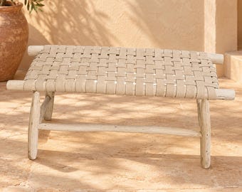 Handcrafted Moroccan Wooden Bench with Woven Natural Leather Seat – Rustic Boho Entryway and Accent Bench