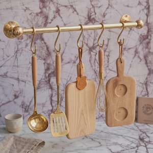 Solid Brass Kitchen Rail with S Hooks – Wall Mounted Utensil Holder, Vintage Farmhouse Pot & Pan Hanger, Brass Kitchen Organizer