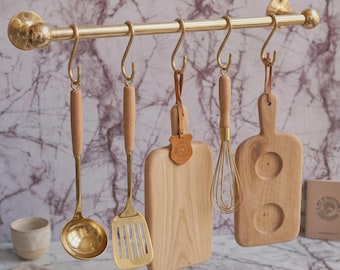 Solid Brass Kitchen Rail with S Hooks – Wall Mounted Utensil Holder, Vintage Farmhouse Pot & Pan Hanger, Brass Kitchen Organizer