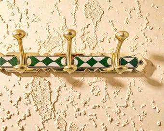 Moroccan Coat Hook, Boho Wall Hanger, Entryway Key Holder - Handmade Unlacquered Brass Wall Hook Rack with Resin Inlay