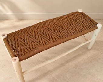 Handcrafted Moroccan Wooden Bench with Olive Green Woven Rope Seat – Rustic Boho Entryway & Home Décor