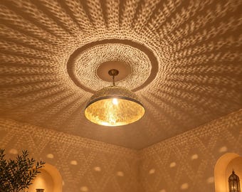 Moroccan Brass Pendant Light, Handmade Pierced Dome Ceiling Lamp, Boho Hanging Light Fixture