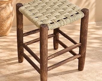 Handcrafted Dark Wood Stool with Woven Seagrass Seat – Rustic Moroccan Boho Accent Stool