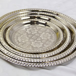 Moroccan Handmade Tea Tray Serving, Cocktail Silver Small Or Large Round Tray, Authentic Moroccan Elegant handcrafted Silver Serving